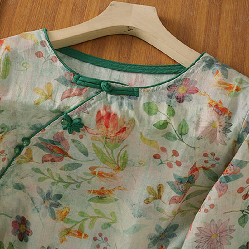 Buddha Stones Summer Tang Style Mandarin Collar Frog Button Floral Women's Three-Quarter Sleeve Shirts - image 17