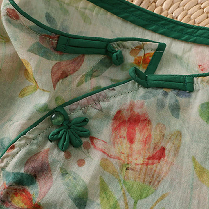 Buddha Stones Summer Tang Style Mandarin Collar Frog Button Floral Women's Three-Quarter Sleeve Shirts - image 20