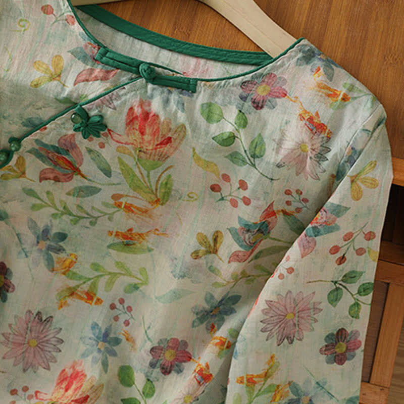 Buddha Stones Summer Tang Style Mandarin Collar Frog Button Floral Women's Three-Quarter Sleeve Shirts - image 19