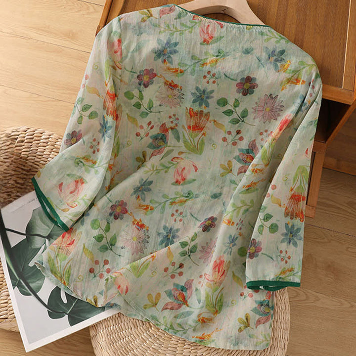 Buddha Stones Summer Tang Style Mandarin Collar Frog Button Floral Women's Three-Quarter Sleeve Shirts - image 16