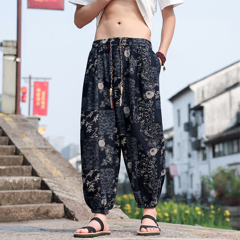 Buddha Stones Summer Boho Casual Drawstring Elephant Tree Print Cropped Pants Men's Harem Pants With Pockets - image 15