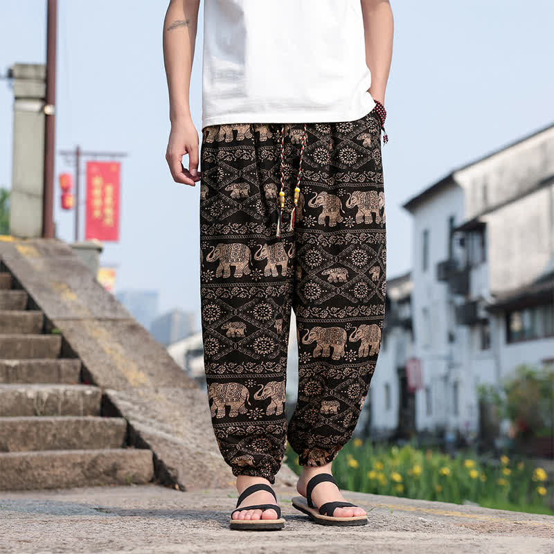 Buddha Stones Summer Boho Casual Drawstring Elephant Tree Print Cropped Pants Men's Harem Pants With Pockets - SaddleBrown - US/UK/AU46, EU56 (5XL) - image 0