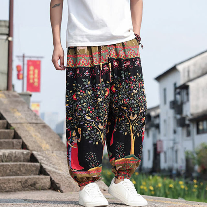 Buddha Stones Summer Boho Casual Drawstring Elephant Tree Print Cropped Pants Men's Harem Pants With Pockets - image 24