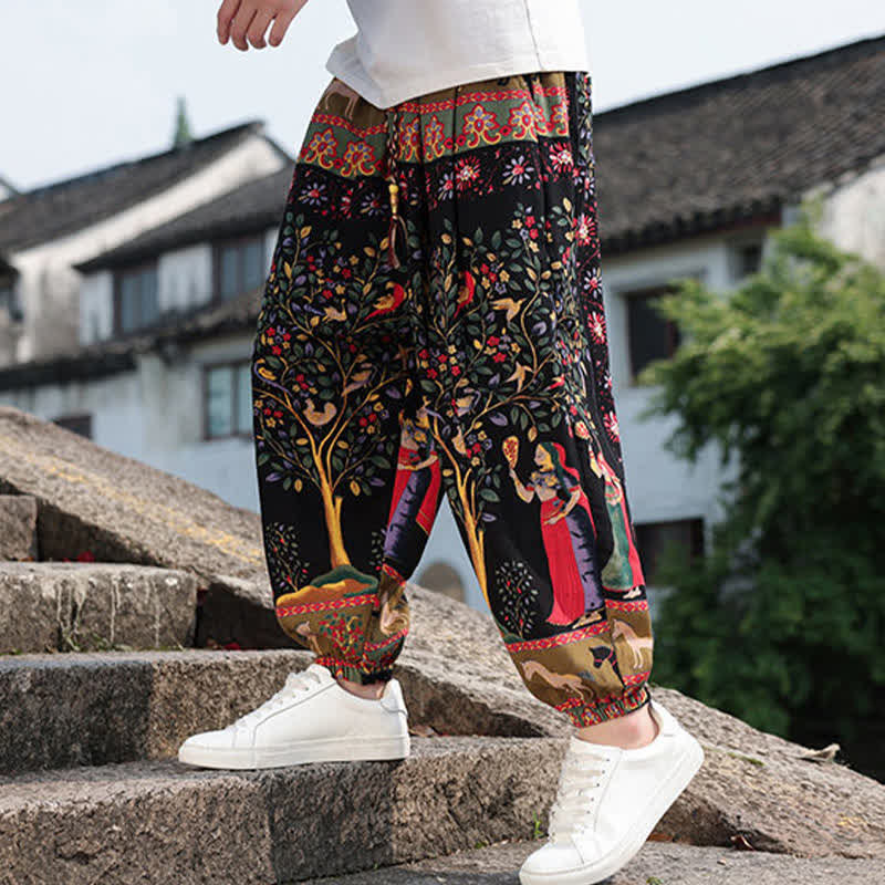 Buddha Stones Summer Boho Casual Drawstring Elephant Tree Print Cropped Pants Men's Harem Pants With Pockets - image 26