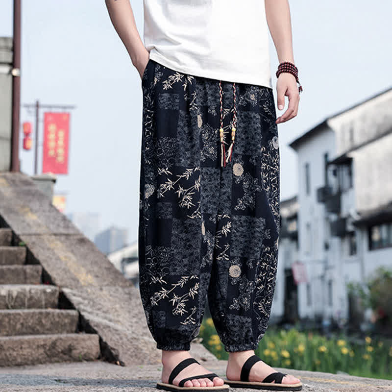 Buddha Stones Summer Boho Casual Drawstring Elephant Tree Print Cropped Pants Men's Harem Pants With Pockets - image 8