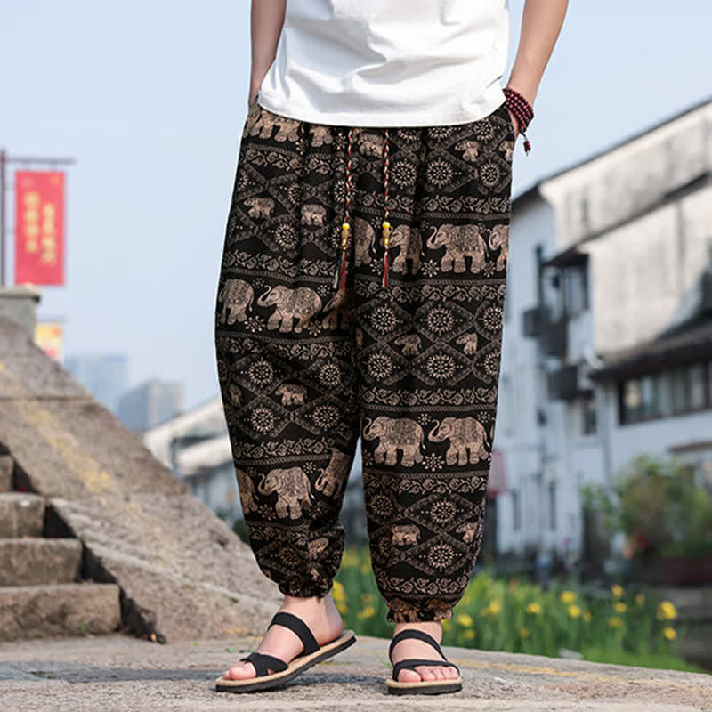 Buddha Stones Summer Boho Casual Drawstring Elephant Tree Print Cropped Pants Men's Harem Pants With Pockets - image 5