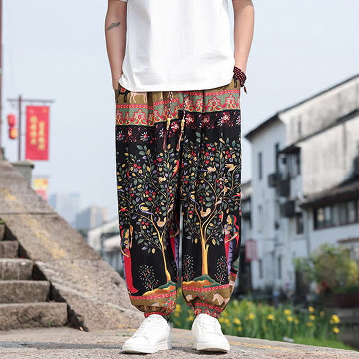 Buddha Stones Summer Boho Casual Drawstring Elephant Tree Print Cropped Pants Men's Harem Pants With Pockets - image 27