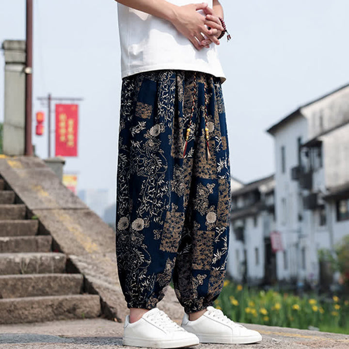 Buddha Stones Summer Boho Casual Drawstring Elephant Tree Print Cropped Pants Men's Harem Pants With Pockets - image 30