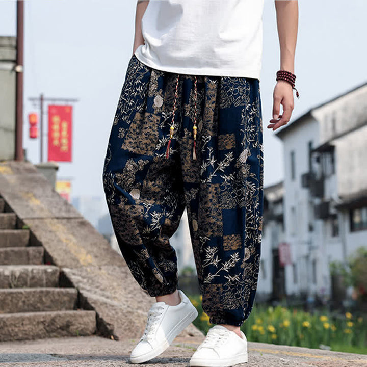 Buddha Stones Summer Boho Casual Drawstring Elephant Tree Print Cropped Pants Men's Harem Pants With Pockets - image 36