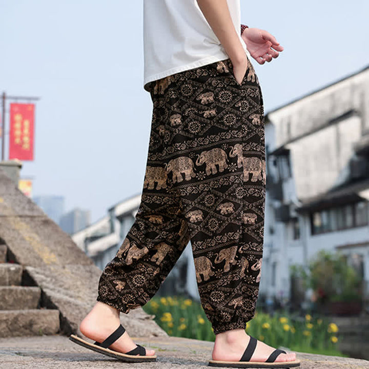 Buddha Stones Summer Boho Casual Drawstring Elephant Tree Print Cropped Pants Men's Harem Pants With Pockets - image 3