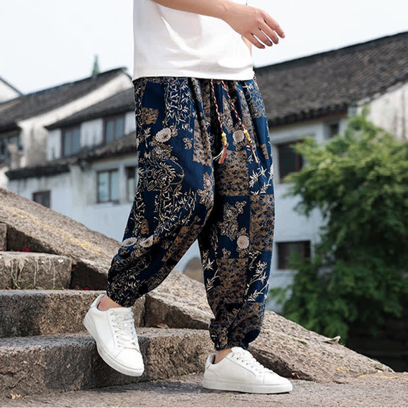 Buddha Stones Summer Boho Casual Drawstring Elephant Tree Print Cropped Pants Men's Harem Pants With Pockets - image 33