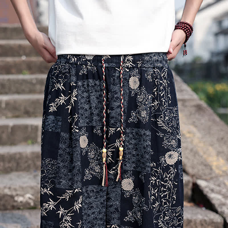 Buddha Stones Summer Boho Casual Drawstring Elephant Tree Print Cropped Pants Men's Harem Pants With Pockets - image 16