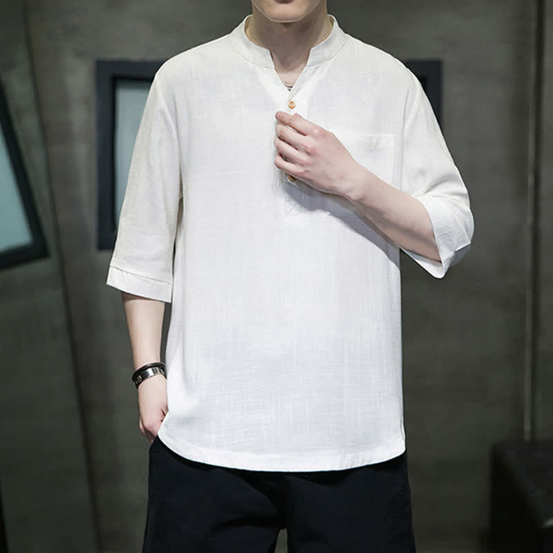 Buddha Stones Summer Casual Tang Style Mandarin Collar Solid Men's Short Sleeve Shirts With Patch Pocket - image 2