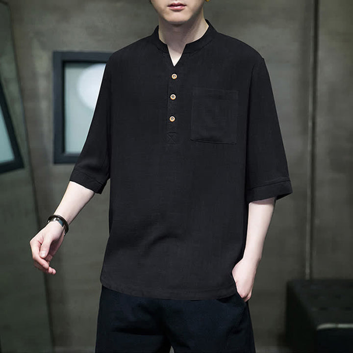 Buddha Stones Summer Casual Tang Style Mandarin Collar Solid Men's Short Sleeve Shirts With Patch Pocket - image 8