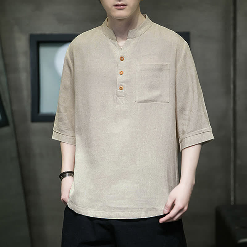 Buddha Stones Summer Casual Tang Style Mandarin Collar Solid Men's Short Sleeve Shirts With Patch Pocket - image 14