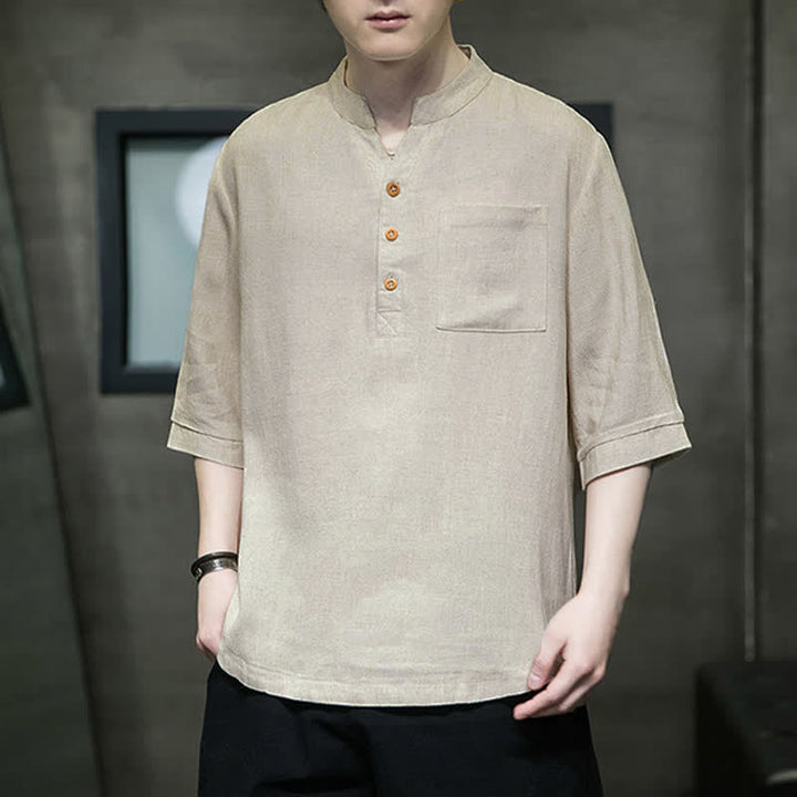 Buddha Stones Summer Casual Tang Style Mandarin Collar Solid Men's Short Sleeve Shirts With Patch Pocket - image 14