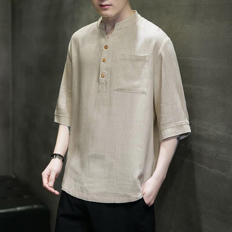 Buddha Stones Summer Casual Tang Style Mandarin Collar Solid Men's Short Sleeve Shirts With Patch Pocket - image 18