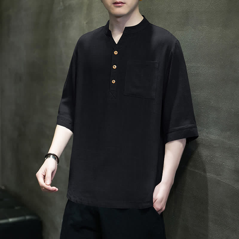 Buddha Stones Summer Casual Tang Style Mandarin Collar Solid Men's Short Sleeve Shirts With Patch Pocket - image 11