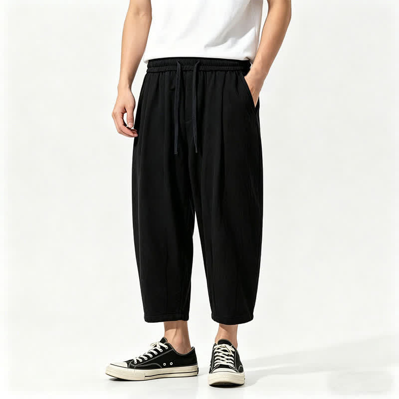 Buddha Stones Summer Casual Drawstring Solid Cotton Capri Pants Men's Harem Pants With Pockets - Black - US/UK/AU46，EU56 (5XL) - image 1