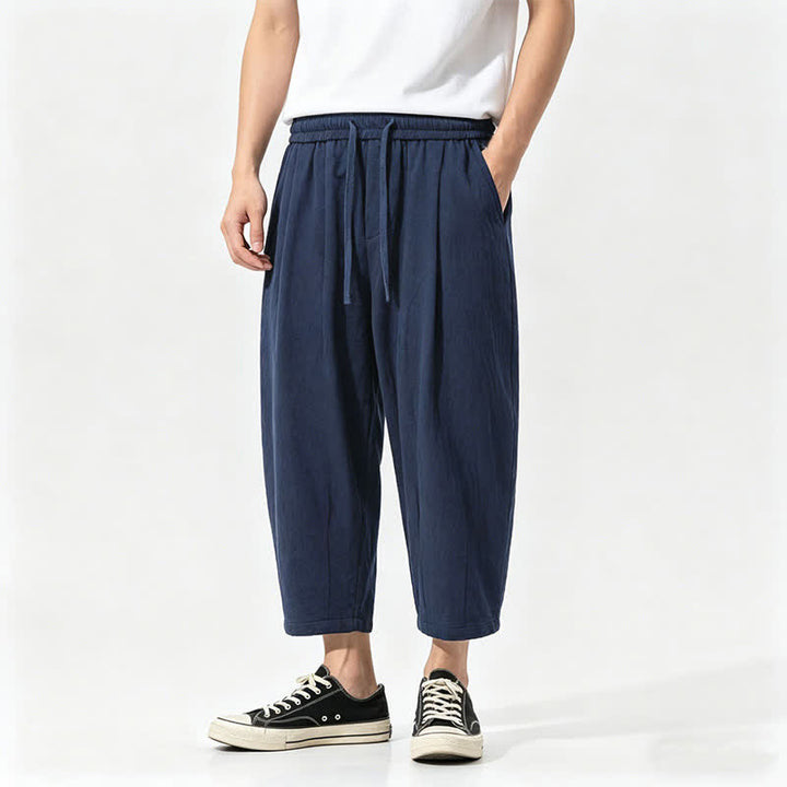 Buddha Stones Summer Casual Drawstring Solid Cotton Capri Pants Men's Harem Pants With Pockets - Navy - US/UK/AU46，EU56 (5XL) - image 2