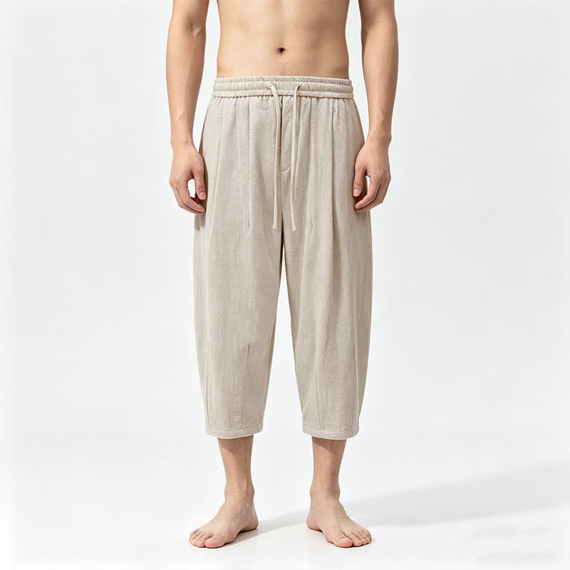 Buddha Stones Summer Casual Drawstring Solid Cotton Capri Pants Men's Harem Pants With Pockets - Beige - US/UK/AU46，EU56 (5XL) - image 3