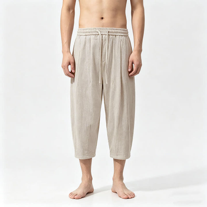Buddha Stones Summer Casual Drawstring Solid Cotton Capri Pants Men's Harem Pants With Pockets - Beige - US/UK/AU46，EU56 (5XL) - image 3