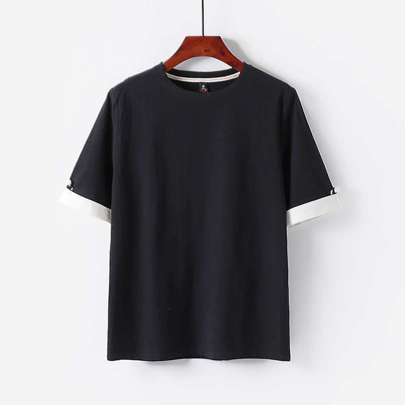 Buddha Stones Summer Casual Minimalist Button-Up Solid Crew Neck Cotton Men's Short Sleeve T-Shirts - Black - US/UK/AU48, EU58 (6XL) - image 1