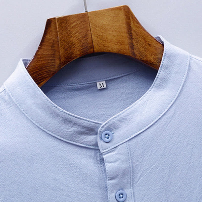Buddha Stones Summer Tang Style Casual Mandarin Collar Solid Cotton Men's Short Sleeve Shirts With Patch Pocket - image 5
