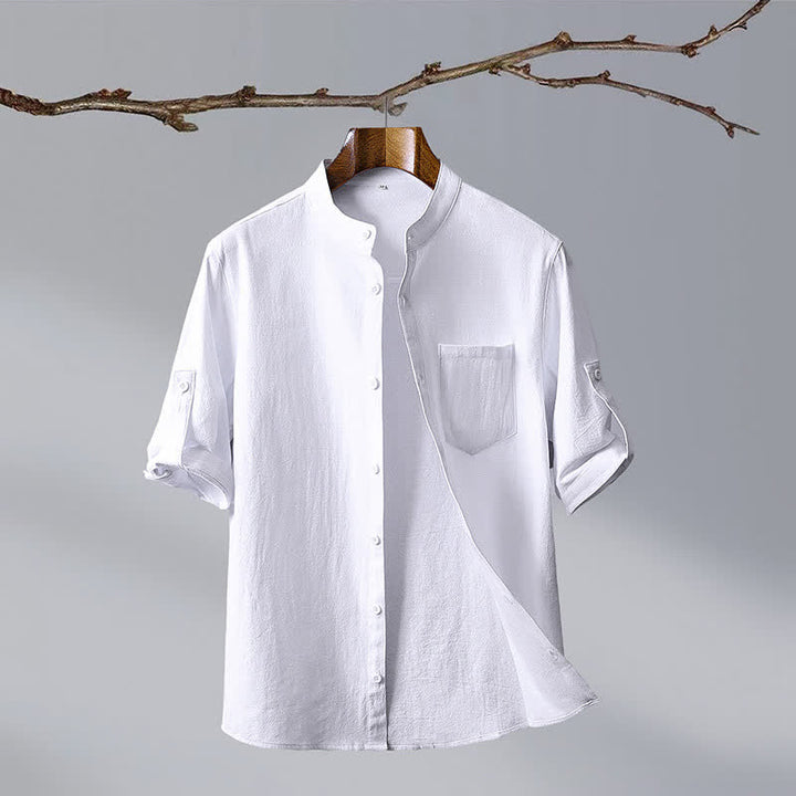 Buddha Stones Summer Tang Style Casual Mandarin Collar Solid Cotton Men's Short Sleeve Shirts With Patch Pocket - White - US/UK/AU46, EU56 (5XL) - image 12