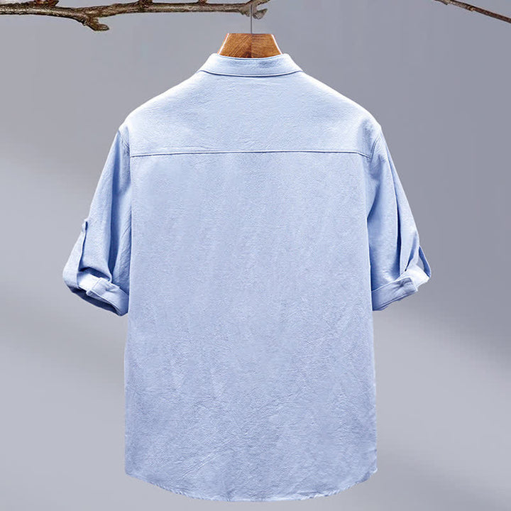 Buddha Stones Summer Tang Style Casual Mandarin Collar Solid Cotton Men's Short Sleeve Shirts With Patch Pocket - image 3