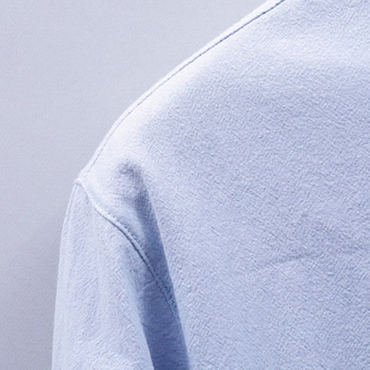 Buddha Stones Summer Tang Style Casual Mandarin Collar Solid Cotton Men's Short Sleeve Shirts With Patch Pocket - image 4