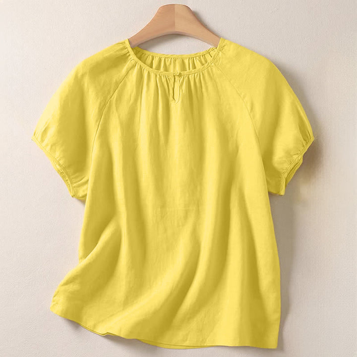 Buddha Stones Summer Casual Minimalist Solid Crew Neck Women's Short Sleeve Shirts - LemonChiffon - US8-10, UK/AU12-14, EU40-42 (2XL) - image 0