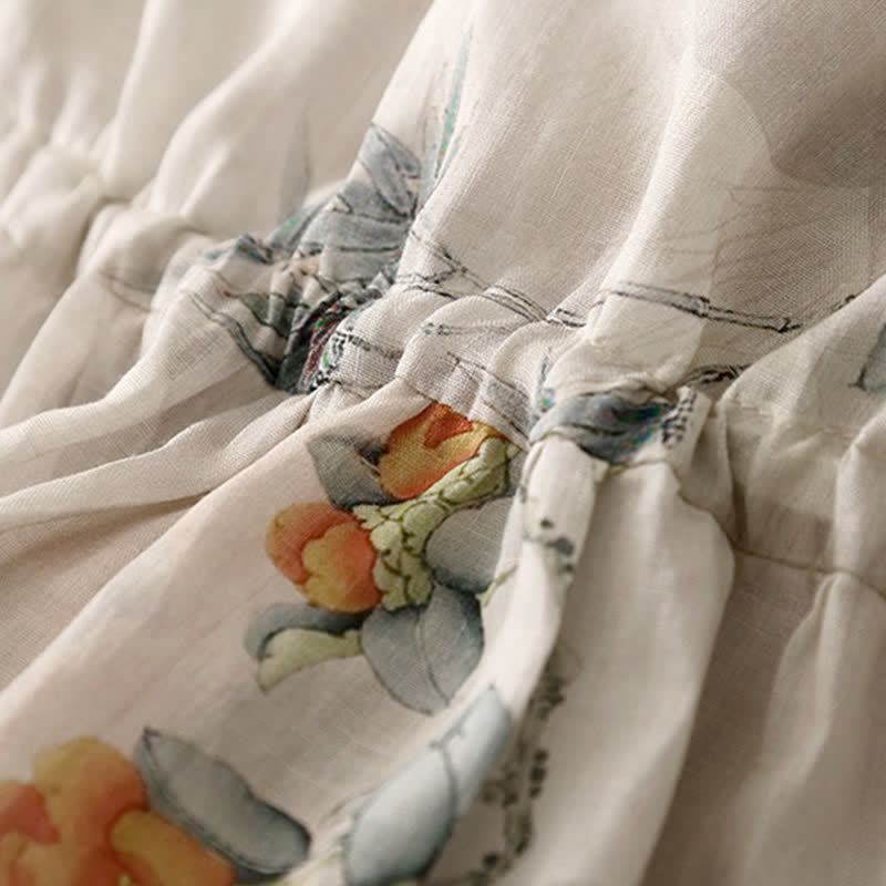 Buddha Stones Summer Vintage Drawstring Beige Floral Crew Neck Women's Short Sleeve Dress With Pocket - image 8