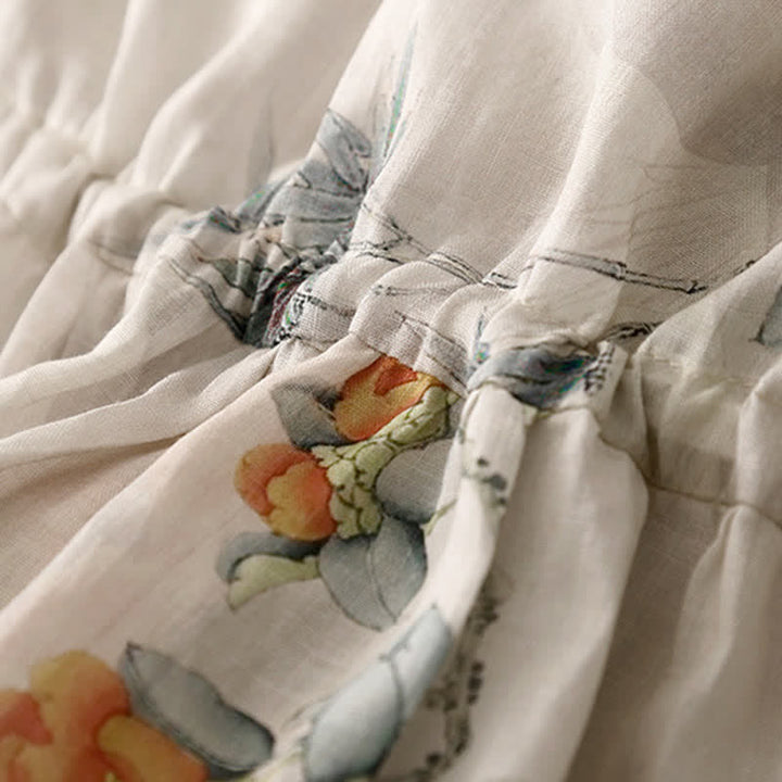 Buddha Stones Summer Vintage Drawstring Beige Floral Crew Neck Women's Short Sleeve Dress With Pocket - image 8