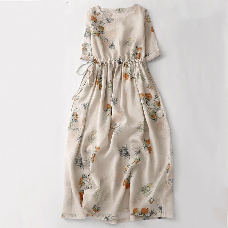 Buddha Stones Summer Vintage Drawstring Beige Floral Crew Neck Women's Short Sleeve Dress With Pocket - AntiqueWhite - US12, UK/AU16, EU44 (2XL) - image 0