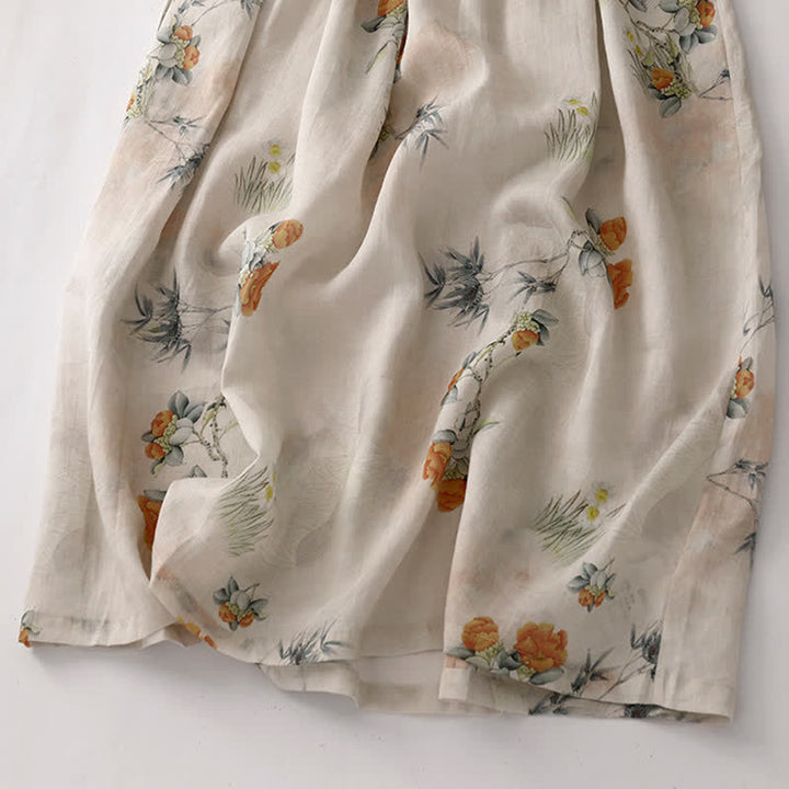 Buddha Stones Summer Vintage Drawstring Beige Floral Crew Neck Women's Short Sleeve Dress With Pocket - image 10