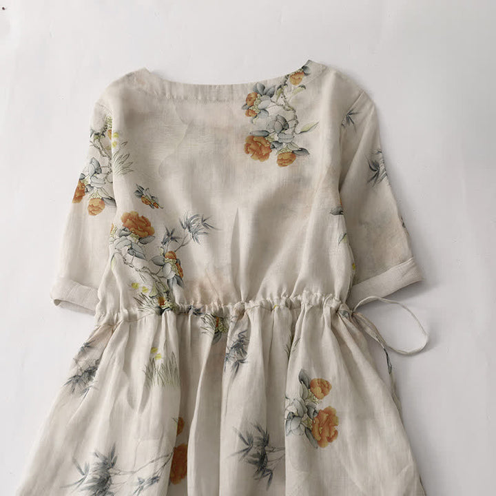 Buddha Stones Summer Vintage Drawstring Beige Floral Crew Neck Women's Short Sleeve Dress With Pocket - image 2
