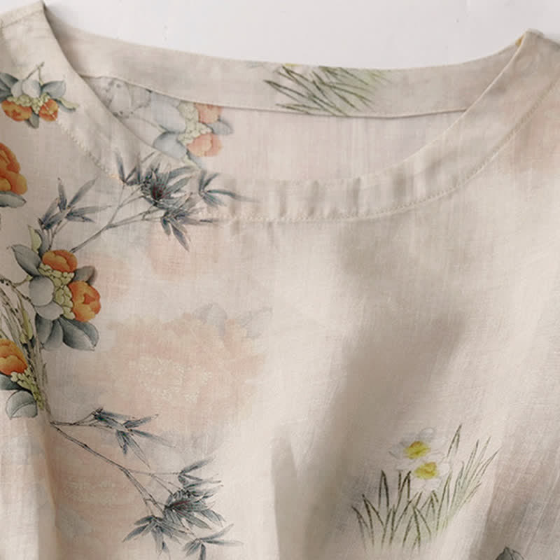 Buddha Stones Summer Vintage Drawstring Beige Floral Crew Neck Women's Short Sleeve Dress With Pocket - image 3