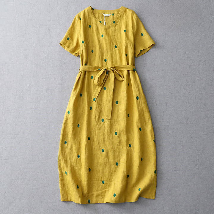 Buddha Stones Summer Casual Boho Drawstring Abstract Polka Dots Women's Short Sleeve Dress With Pocket - Goldenrod - US8-10, UK/AU12-14, EU40-42 (2XL) - image 0