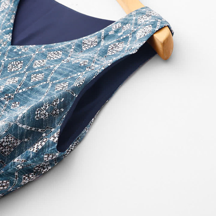 Buddha Stones Summer Boho Drawstring Blue Geometric Women's Summer Sleeveless Dress With Pockets - image 3