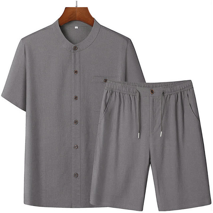 Buddha Stones Summer Casual Mandarin Collar Solid Short Sleeve Shirt Drawstring Pants Men's Matching Sets With Pockets - image 1