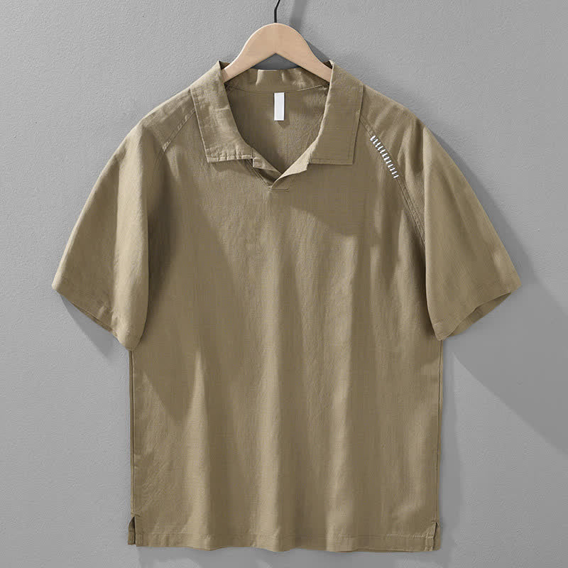 Buddha Stones Summer Casual Minimalist Side Slit Solid Lapel Collar Men's Short Sleeve Shirts - Tan - US/UK/AU42，EU52 (3XL) - image 1