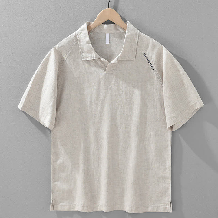 Buddha Stones Summer Casual Minimalist Side Slit Solid Lapel Collar Men's Short Sleeve Shirts - Linen - US/UK/AU42，EU52 (3XL) - image 2