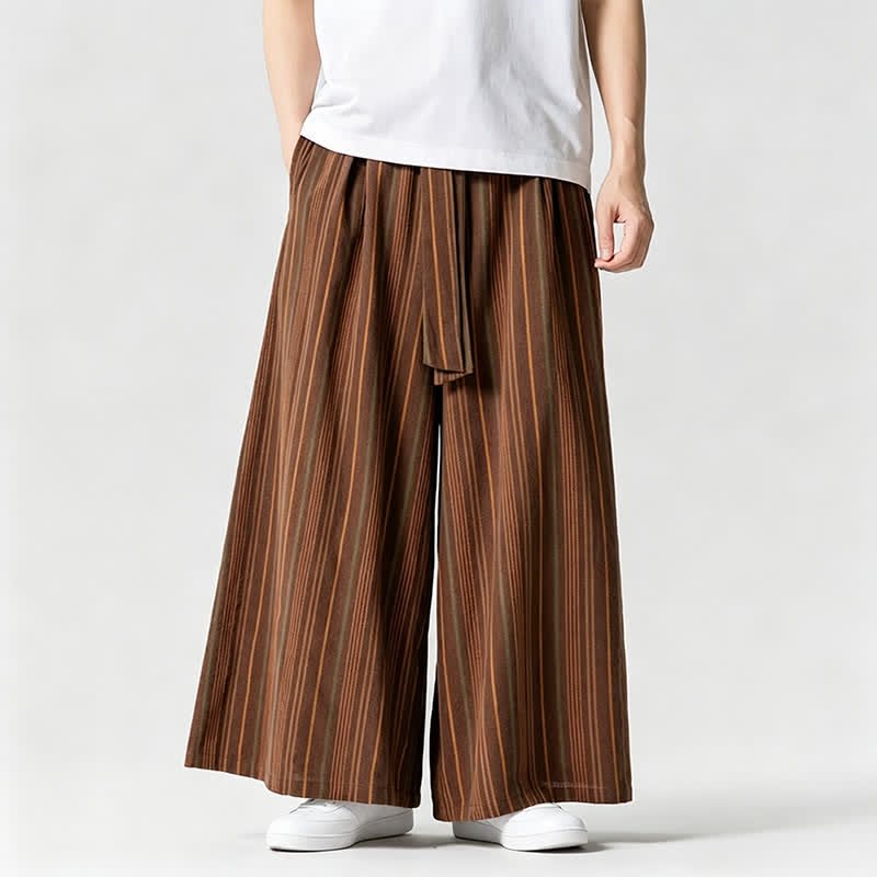 Buddha Stones Summer Vintage Drawstring Striped Ankle Pants Men's Wide Leg Pants With Pocket - image 8