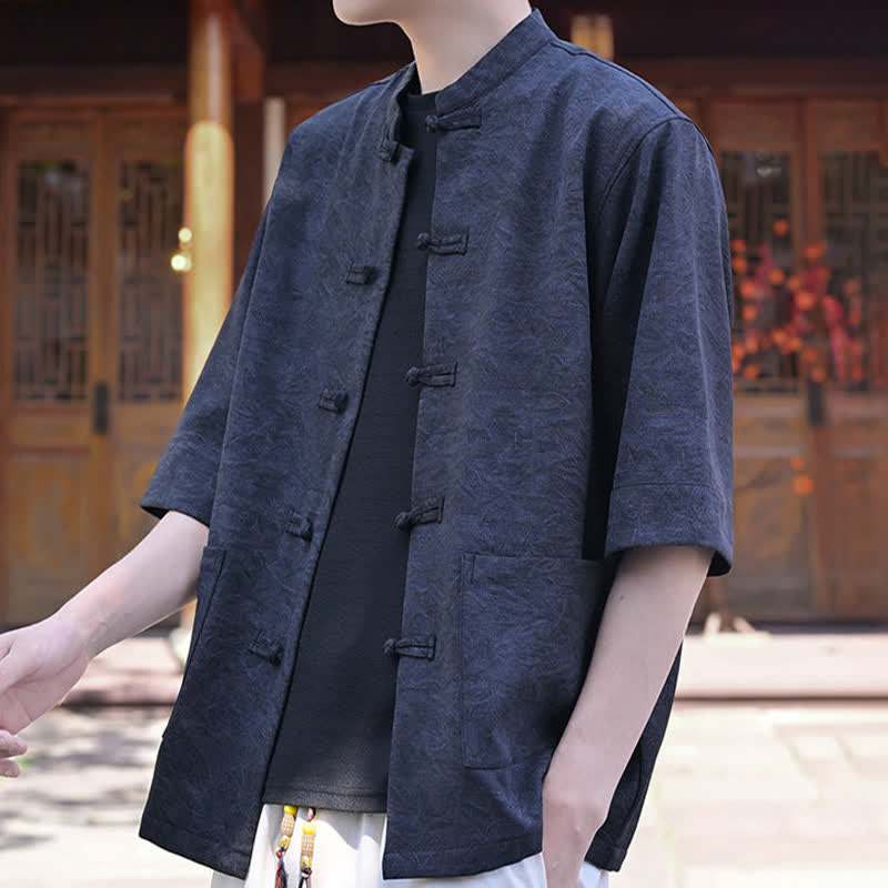 Buddha Stones Summer Tang Style Mandarin Collar Frog Button Solid Men's Short Sleeve Shirts With Pocket - image 11