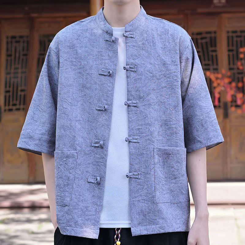 Buddha Stones Summer Tang Style Mandarin Collar Frog Button Solid Men's Short Sleeve Shirts With Pocket - image 15