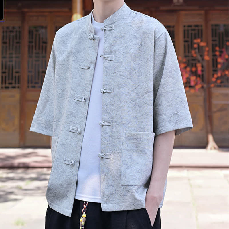Buddha Stones Summer Tang Style Mandarin Collar Frog Button Solid Men's Short Sleeve Shirts With Pocket - image 2