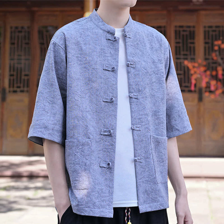 Buddha Stones Summer Tang Style Mandarin Collar Frog Button Solid Men's Short Sleeve Shirts With Pocket - CornflowerBlue - US/UK/AU46，EU56 (5XL) - image 14