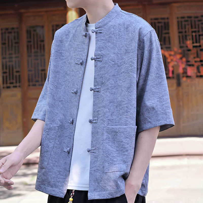 Buddha Stones Summer Tang Style Mandarin Collar Frog Button Solid Men's Short Sleeve Shirts With Pocket - image 18