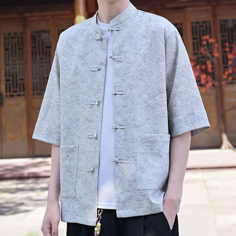 Buddha Stones Summer Tang Style Mandarin Collar Frog Button Solid Men's Short Sleeve Shirts With Pocket - image 5